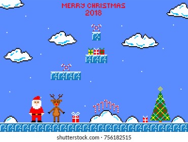 Christmas greeting card. Christmas game. Santa Claus, reindeer Rudolph and Christmas tree in style of eight-bit game. Inscription of  Merry Christmas 2018.  Vector illustration.