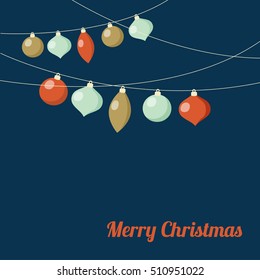 Christmas greeting card with garland of Christmas balls. Festive party decoration. Minimalistic vintage flat design. Vector illustration background.