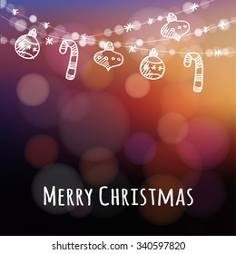 Christmas greeting card with garland of lights, hand drawn christmas balls, candy canes and stars, vector illustration background