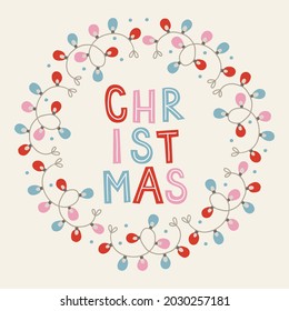 Christmas greeting card with garland and snowflakes on white background. Circle wreath in scandinavian style. Perfect for winter holidays, Xmas postcards. Vector illustration