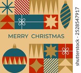 Christmas greeting card with geometric elements and christmas decoration. Flat style. Template for winter holidays design. Vector illustration