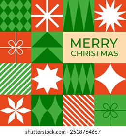 Tarjeta de felicitación de Navidades con Elementos geométricos. Estilo plano. Plantilla para el diseño de las vacaciones de invierno. Ilustración vectorial