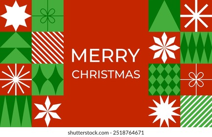 Christmas greeting card with geometric elements. Flat style. Template for winter holidays design. Vector illustration