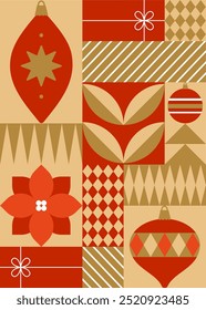 Tarjeta de felicitación de Navidades con Elementos geométricos y decoración navideña. Estilo plano. Plantilla para el diseño de las vacaciones de invierno. Ilustración vectorial