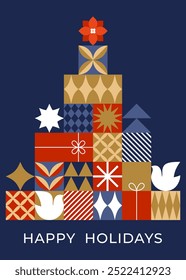 Cartão de Natal com elementos geométricos. Estilo plano. Modelo para design de feriados de inverno. Ilustração vetorial