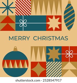 Christmas greeting card with geometric elements and christmas decoration. Flat style. Template for winter holidays design. Vector illustration