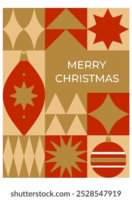 Christmas greeting card with geometric elements and christmas decoration. Flat style. Template for winter holidays design. Vector illustration