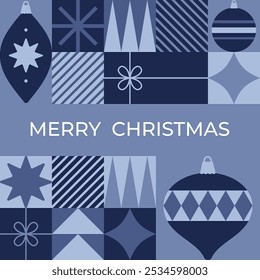 Christmas greeting card with geometric elements and christmas decoration in blue colors. Flat style. Template for winter holidays design. Vector illustration