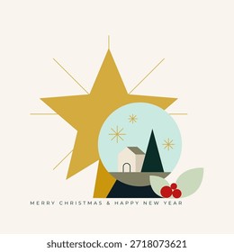 Christmas greeting card with geometric elements. For invitation, poster, advertisement. Vector illustration, flat design