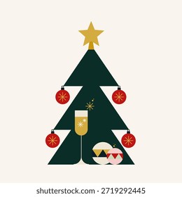 Tarjeta de felicitación de Navidades con Elementos geométricos. Para invitación, cartel, publicidad. Ilustración vectorial, diseño plano