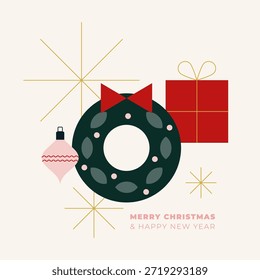 Tarjeta de felicitación de Navidades con Elementos geométricos. Para invitación, cartel, publicidad. Ilustración vectorial, diseño plano