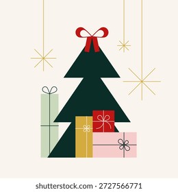 Tarjeta de felicitación de Navidades con Elementos geométricos. Para invitación, cartel, publicidad. Ilustración vectorial, diseño plano