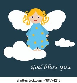 Christmas Greeting Card gift art ornament. Merry Christmas angel postcard vector illustration christmas greeting card with angel. Angel christmas greeting card holiday background xmas celebration.
