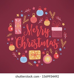 Christmas greeting card with gift, ball, fir branch, star, berries, snowflake on dark red background. Scandinavian style. Circle ornament. Perfect for winter holidays