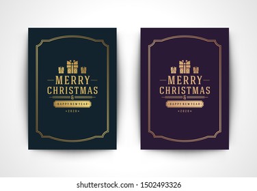 Christmas greeting card with gift box silhouette and ornate typographic winter holidays text vector illustration. Christmas ornaments decorarion and frame for postcard or banner design.