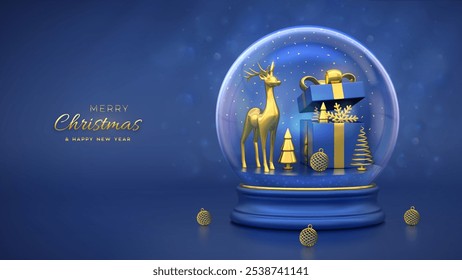 Navidades tarjeta de felicitación. Caja de regalo, reno, escaparate dorado, bola brillante, abetos metálicos dentro de un globo de nieve. Fondo del año Nuevo, cartel de Festiva de Navidad, Anuncio, volante. Ilustración vectorial 3D.