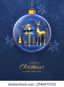 Christmas greeting card. Gift box, reindeer, golden showflake, shining ball, metallic spruce trees inside a glass ball. New Year Xmas background, Holiday poster, banner, flyer. 3D Vector illustration.