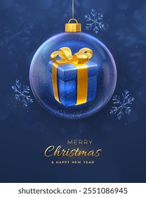 Christmas greeting card. Gift box with golden bow inside a transparent glass ball. Christmas blue background with shining ice showflakes. Holiday Xmas, New Year banner, flyer. Vector Illustration.