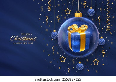 Christmas greeting card. Gift box with golden bow inside a transparent glass ball. Shining stars, confetti. New Year Xmas blue background. Festive holiday poster, banner, flyer. 3D Vector illustration