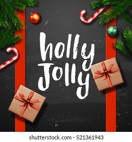 Christmas greeting card with gift box . Happy new year. Xmas vector background. Hand drawn calligraphy. concept handwritten Holly Jolly   