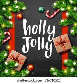 Christmas greeting card with gift box . Happy new year. Xmas vector background. Hand drawn calligraphy. concept handwritten Holly Jolly 