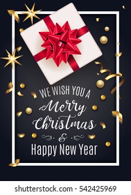 Christmas greeting card with gift box and gold bow, christmas tree. Happy New Year decoration with confetti and light garland. Christmas typographical background with fir branches and elements. Vector