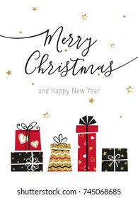 Christmas greeting card with gift box. Hand drawn gold, red and black gift boxes. Merry Christmas and Happy New Year.