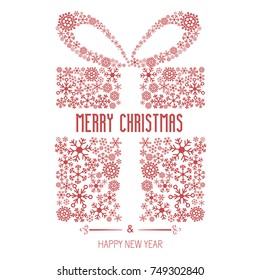 Christmas greeting card with gift box made from white snowflakes.