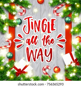 Christmas greeting card with gift box . Happy new year. Xmas vector background. Hand drawn calligraphy. concept handwritten Jingle all the way