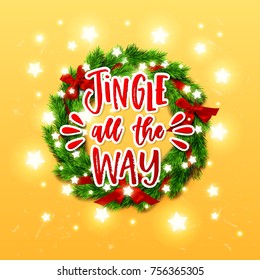 Christmas greeting card with gift box . Happy new year. Xmas vector background. Hand drawn calligraphy. concept handwritten Jingle all the way