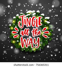 Christmas greeting card with gift box . Happy new year. Xmas vector background. Hand drawn calligraphy. concept handwritten Jingle all the way