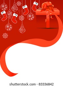 Christmas greeting card with gift box and hanging santa socks