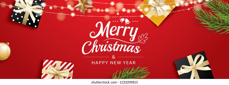 Christmas greeting card with gift boxes on red background. Use for posters, cover, banner.