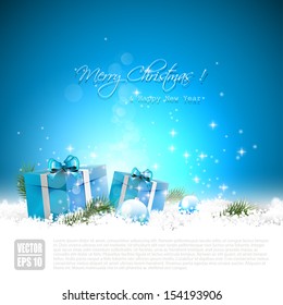 Christmas greeting card with gift boxes in snow