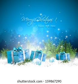 Christmas greeting card with gift boxes and branches in snow