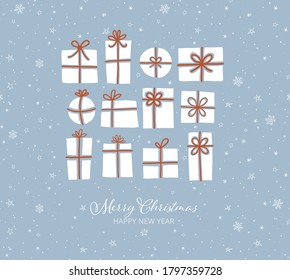 Weihnachtsgrußkarte mit Geschenkbox auf blauem Winterhintergrund.