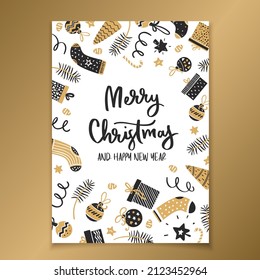 Christmas greeting card with gift boxes, socks, ribbons, fir branches and festive balls in black and gold style