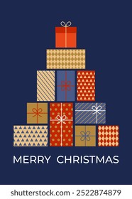 Christmas greeting card with gift boxes. Flat style. Template for winter holidays design. Vector illustration