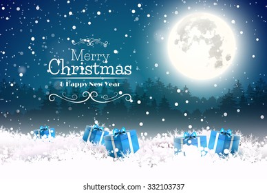 Christmas greeting card with gift boxes in front of a night landscape