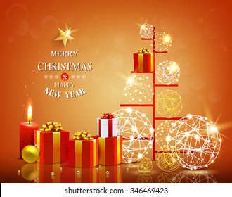 Christmas greeting card with gift boxes, candle and ornamental elements.