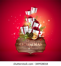 Christmas greeting card - gift boxes flying behind wooden sign with traditional decorations
