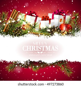 Christmas greeting card with gift boxes and traditional decorations on red background