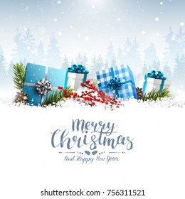 Christmas greeting card with gift boxes, pine cones and fir branches in the snow