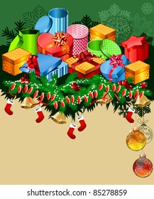 Tarjeta de saludo de Navidad con cajas de regalo y medias santa