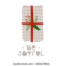 Christmas greeting card with gift and lettering. Poster, banner, card and design elements
