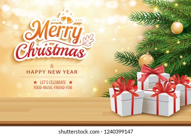 Christmas greeting card with gifts boxes on wooden table and tree bokeh background. Xmas and happy new year.