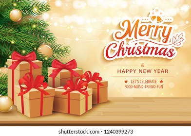 Christmas greeting card with gifts boxes on wooden table and tree bokeh background. Xmas and happy new year.