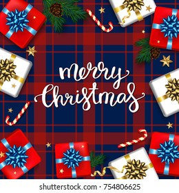 Christmas greeting card with gifts boxes set with bow and fir branches and elements. Happy New Year decoration with hand lettering on blue checkered background. Vector  template greeting card