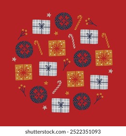 Christmas greeting card with gifts, candy cane, berries, stars on red background. Circle ornament. Perfect for seasonal holidays and decorations. Vector illustration
