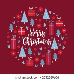Christmas greeting card with gifts, flowers, leaves, fir trees, snowflakes on red background. Circle ornament in scandinavian style. Perfect for winter holidays, Xmas postcards. Vector illustration